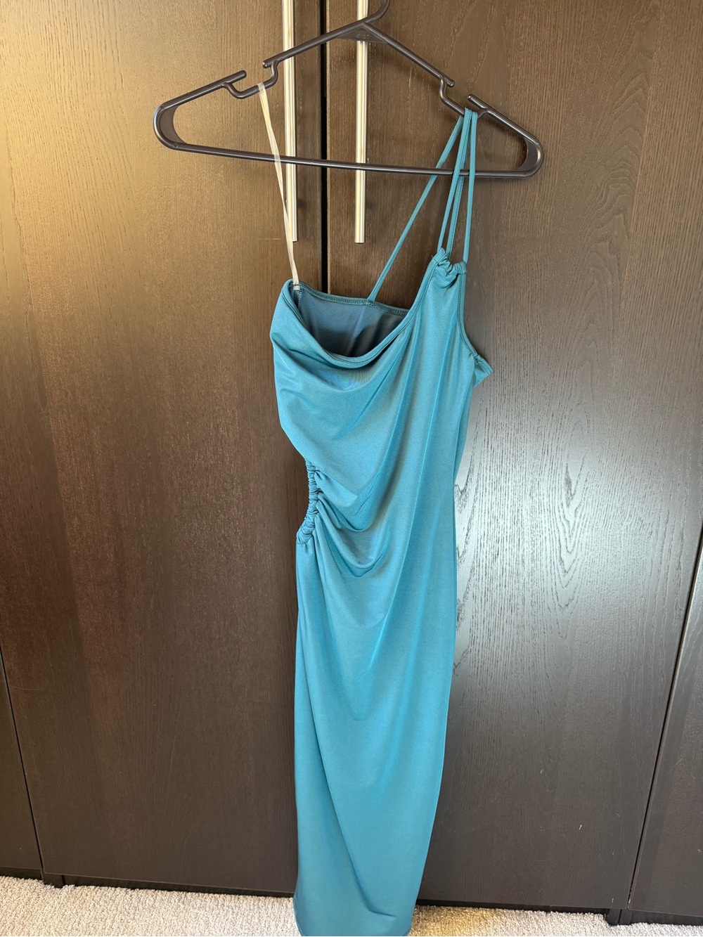 Windsor Teal Cowl Neck Midi Dress with Double Spaghetti Straps • S